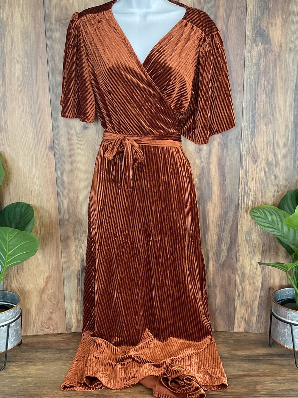 Velvet Wrap Rust Maxi Dress XL 365B